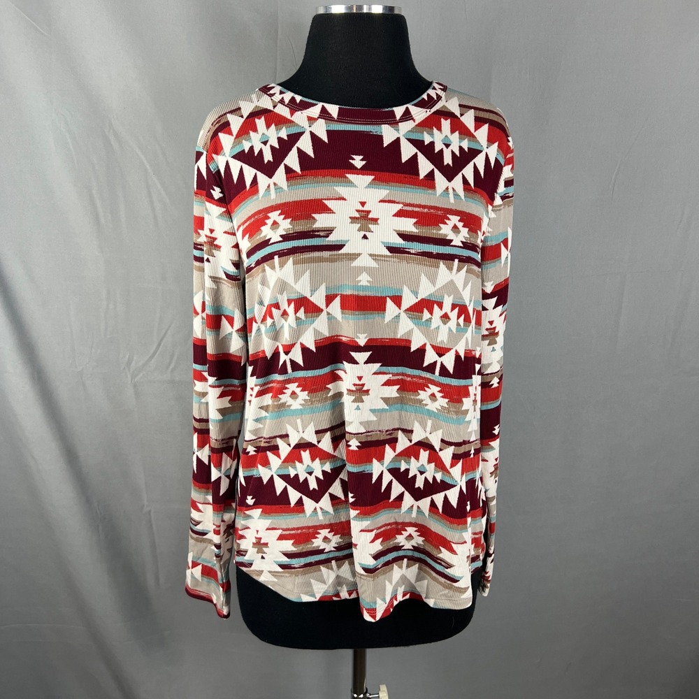 No Boundaries Ribbed Long Sleeve Top Womens 3XL Multicolor Aztec Curved Hem